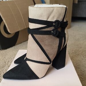 JustFab Suede Two-Tone Ankle Boot with Buckle Straps - Beige/Black NIB